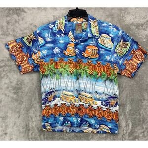 Pineapple Connection YOUTH Hawaiian Shirt Sz L Rayon Palm Tree and Land Cruisers